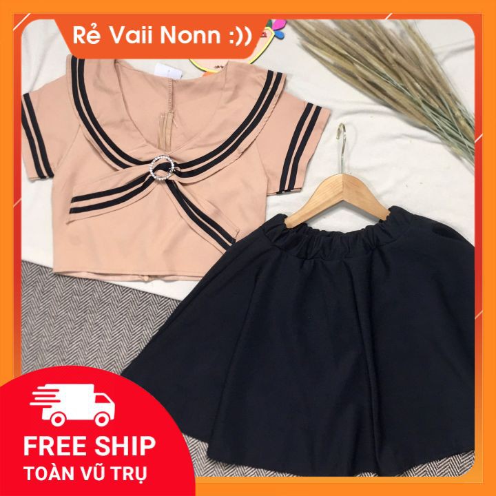 [Video + Ảnh Thật] Set Áo Croptop Mix Chân Váy Ngắn Cosplay Ulzzang Thủy Thủ