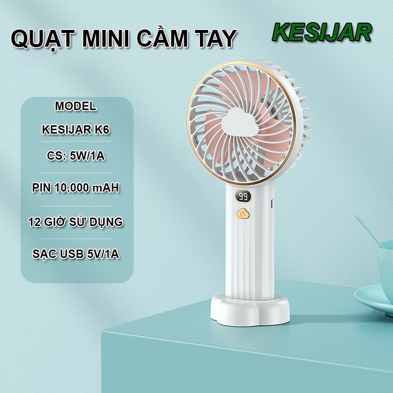 Quạt cầm tay mini kẹp bàn KESIJAR K5 sạc pin tích điện 10.00mAh, sử dụng liên tục 12 giờ, cổng sạc USB 5V/1A, 5 mức gió