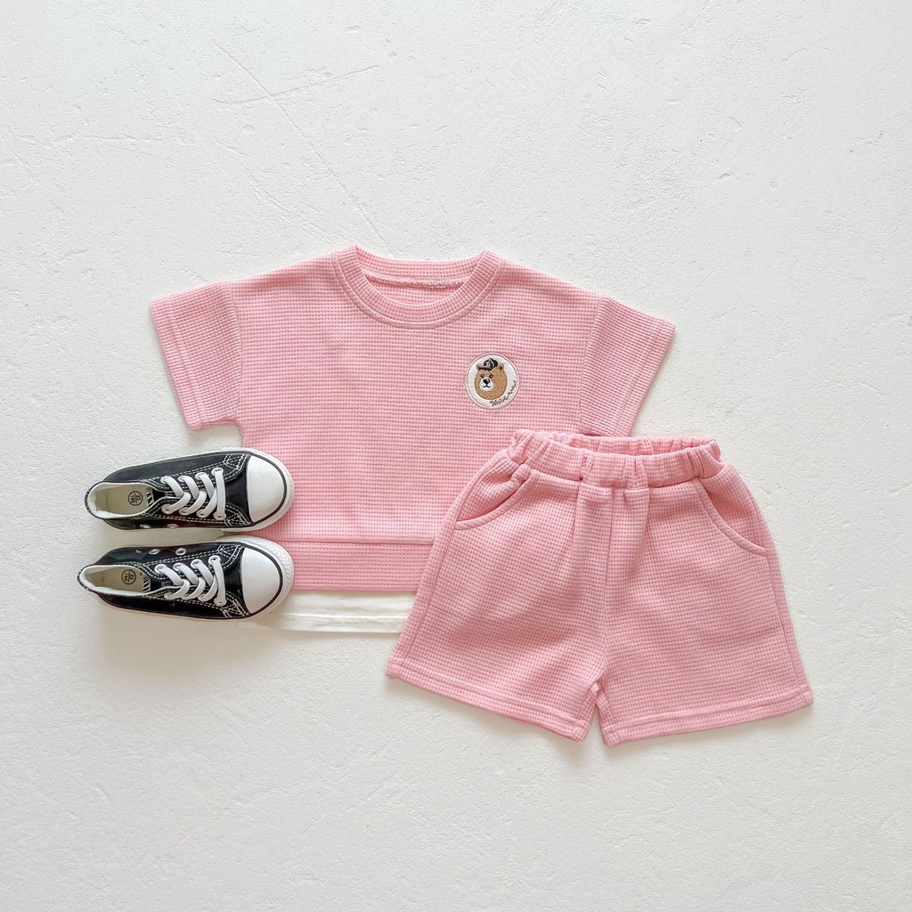 Set Áo Thun Ngắn Tay Thêu Hình Gấu Và Quần Short Một Màu Thời Trang Mùa Hè Cho Bé