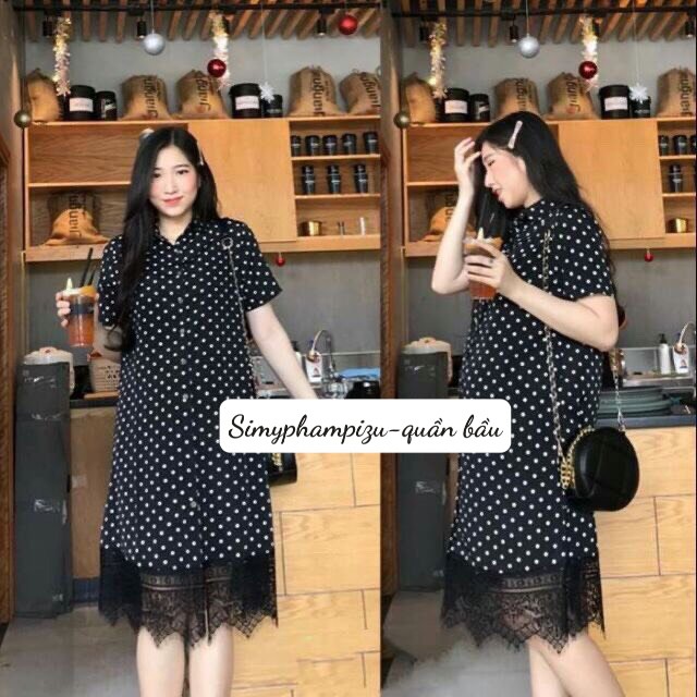 VÁY Bầu Sơ Mi Lụa CHẤM BI pha ren tay ngắn v42