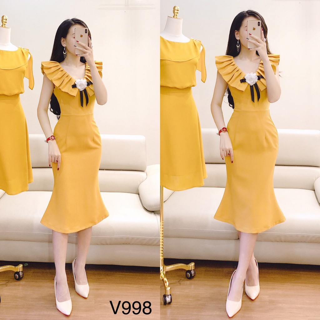 [ xả kho ] MiD Váy đầm vàng dự tiệc dáng ôm đuôi cá mảnh mai V998 Mie Design kèm ảnh thật