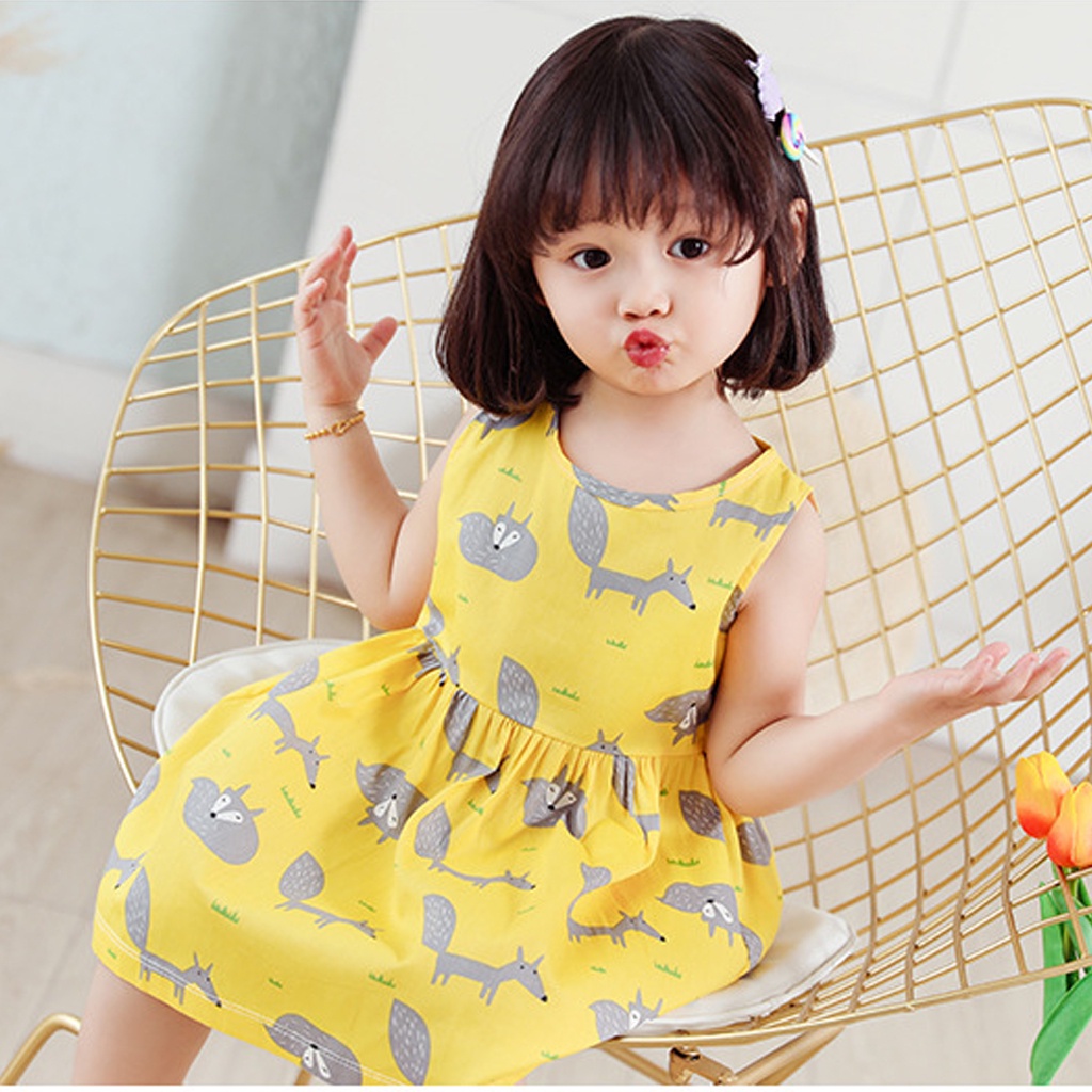 Váy đầm bé gái LAKUDO chất cotton thoáng mát đẹp họa tiết động vật phong cách Hàn Quốc