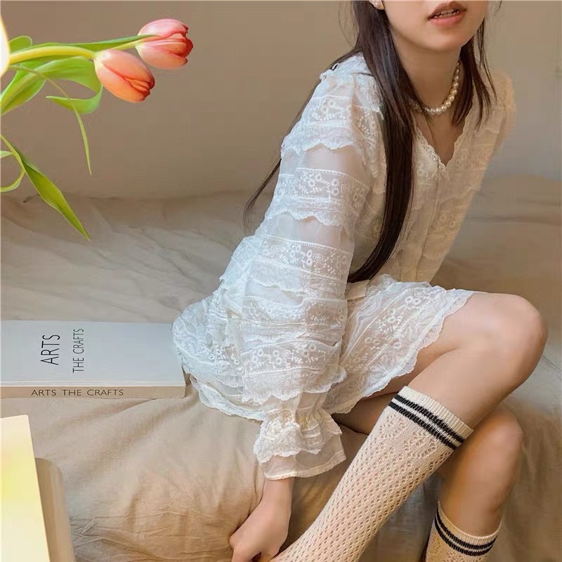 Set áo ren dài tay+váy ren tầng phong cách thanh lịch cổ điển Pháp ulzzang SAM SAM BOUTIQUE