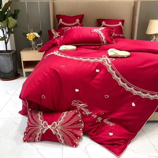 Bộ chăn ga gối cao cấp cotton lụa cưới ren đỏ