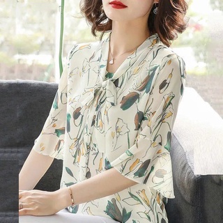  Áo Chiffon Tay Ngắn In Hoa Thời Trang Cho Nữ Trung Niên 