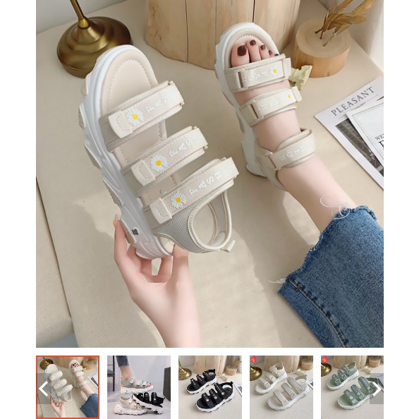 Sandal nữ thời trang Ulzang đế cao kiểu dáng cao cấp 3 quai ngang hình hoa cúc