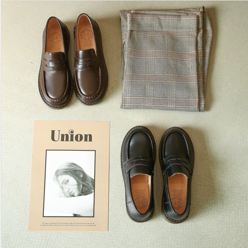 Giày IELGY da PU mũi tròn thoáng khí phong cách Hàn Quốc retro thời trang dành cho nữ