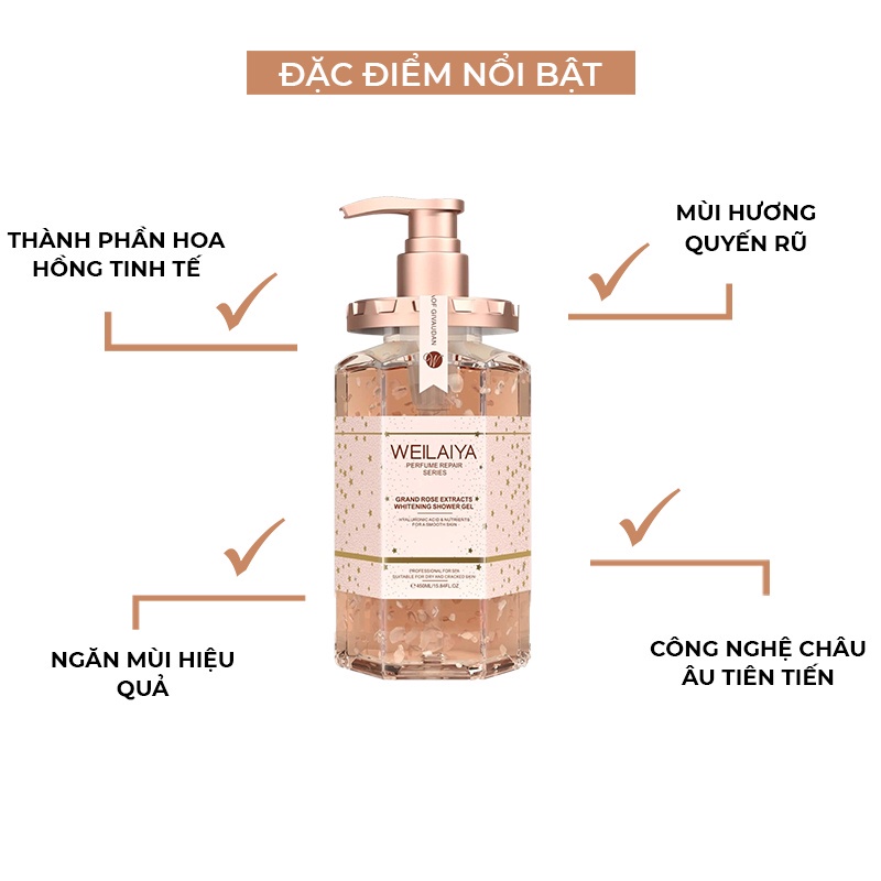 Sữa tắm trắng da làm sạch cấp ẩm da từ tủy mật hoa hồng Damask 450ml