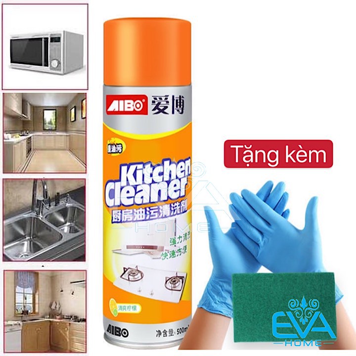 Chai Xịt Tẩy Rửa Đa Năng Nhà Bếp Dạng Bọt Tuyết Kitchen Cleaner Cam 500ml Tặng kèm đôi găng tay và Cước chùi xanh