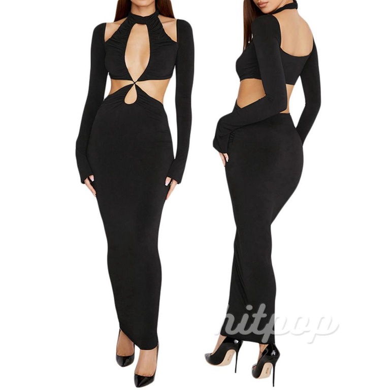 Hitpop-Women Cut Out Dress, Long Sleeve Halter Neck Solid Color Hollow Pleated Slim Fit One Piece Skirt