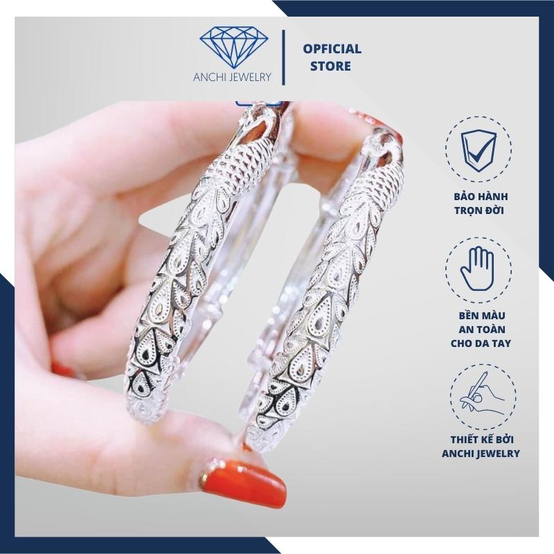 Kiềng tay bạc nữ họa tiết đuôi công, chuẩn bạc ta bao sáng không xuống màu - Anchi jewelry
