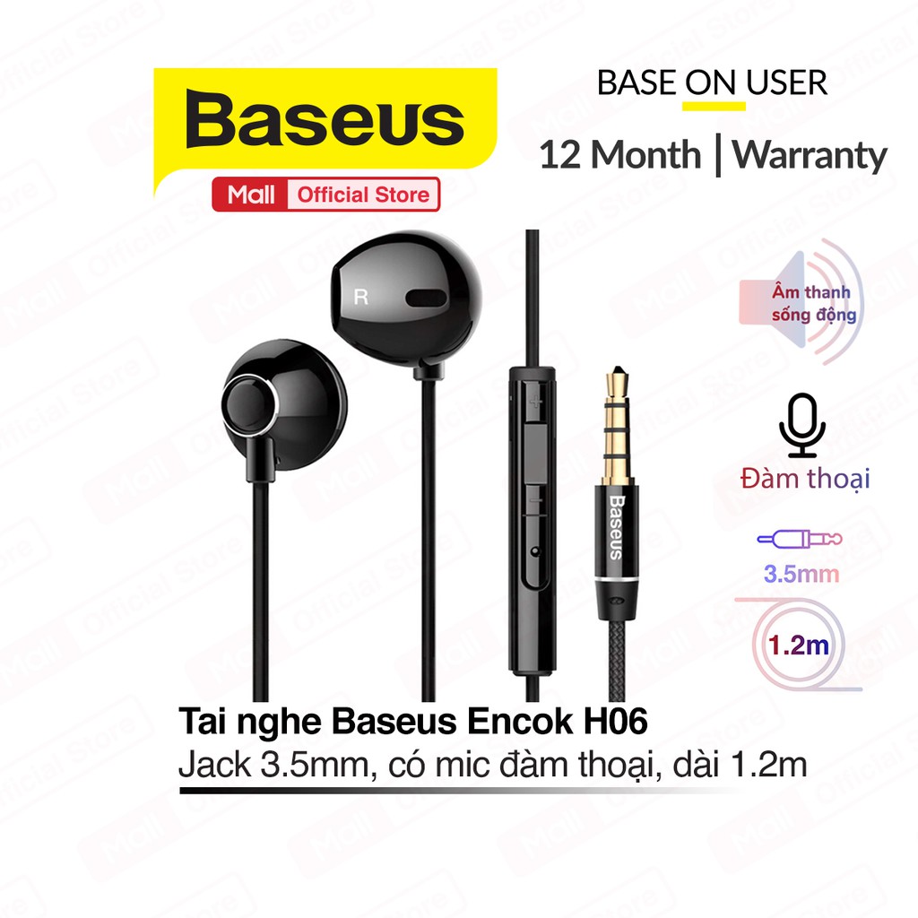 Tai nghe Baseus Encok H06 jack cắm tiêu chuẩn 3.5mm, âm thanh sống động, dây TPE phối vải dệt đẹp mắt, dài 1.2m