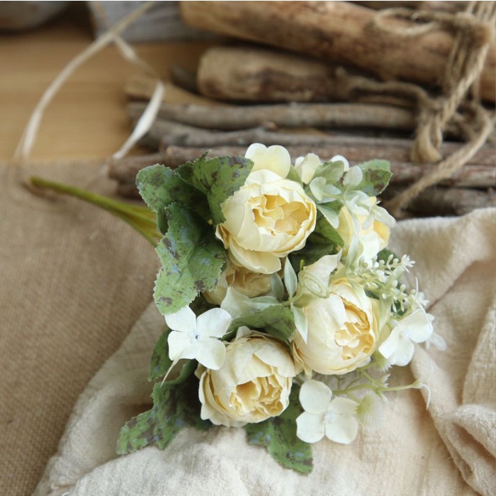 Hoa giả- Hoa lụa cao cấp trang trí nhà cửa [ 1 cành 6 bông cao 27cm mô phỏng mẫu đơn nhỏ]