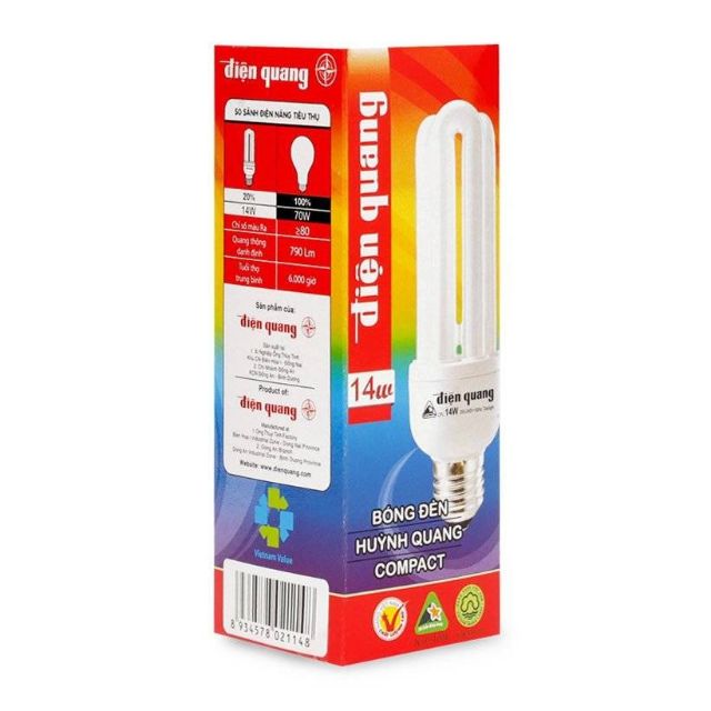 Bóng đèn Compact Điện Quang-CFL-3U-T4-14W-DL/WW-E27 ( Ánh sáng trắng + vàng )