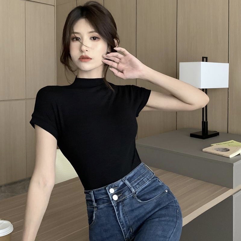 Áo thun nữ form ôm body ngắn tay cổ cao 3 màu