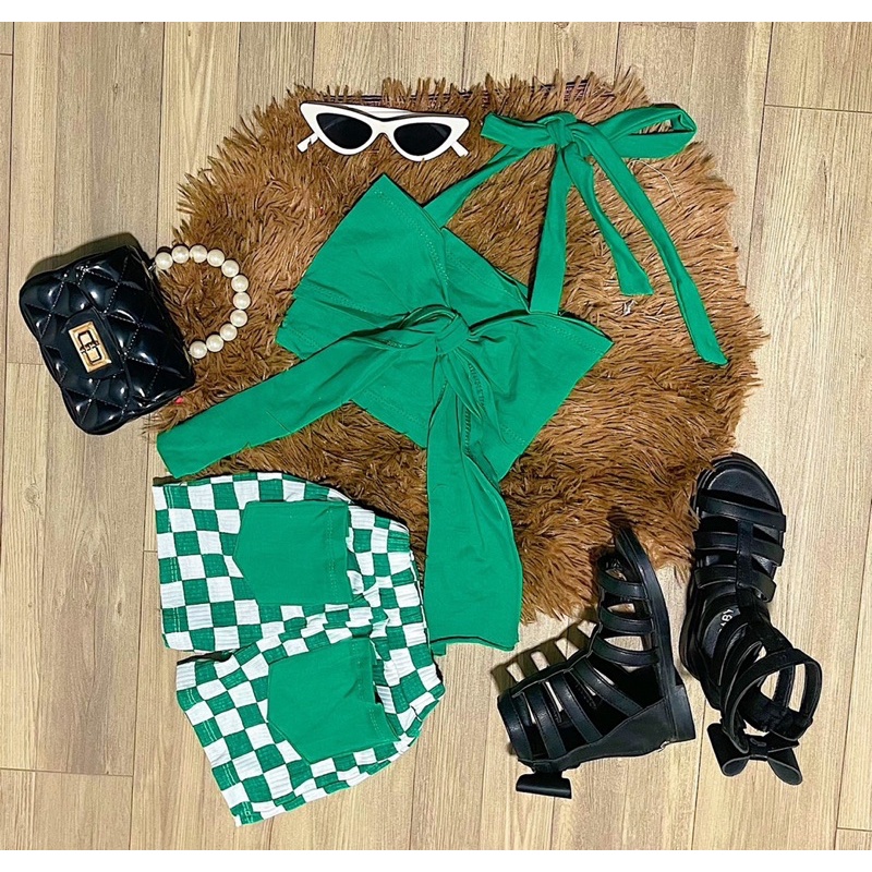 Set áo nơ + quần caro