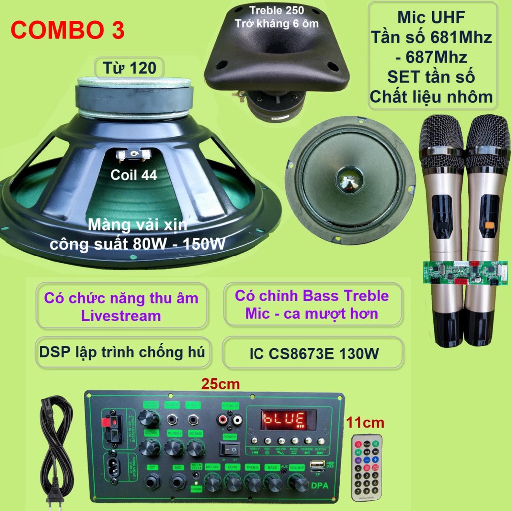 Mạch loa kéo 3 tấc đơn CS8673E 130W, thu âm LIVESTREAM, DSP lập trình chống hú có chỉnh Bass Treble