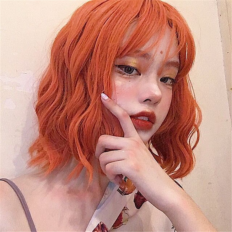 Orange air bangs wig female short curly hair net red anchor makeup chemical fiber wig headgear