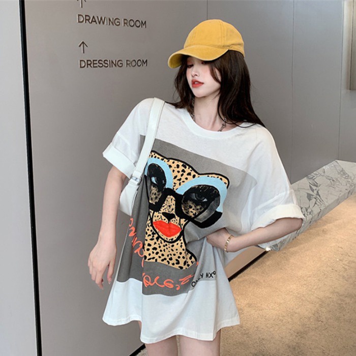 NRVP Áo Thun Nữ Dáng Dài Rộng Tay Ngắn Phong Cách Thời Trang Đường Phố Hàn Quốc