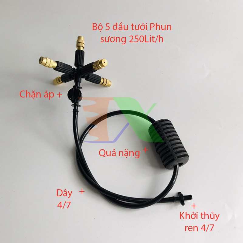 Bộ béc tưới treo 5 đầu tưới phun sương bằng đồng (250Lit/h) + khởi thủy ren 4/7mm