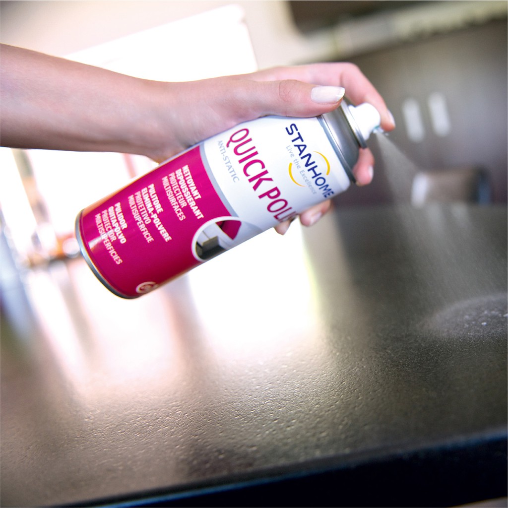 Xịt làm sạch, sáng bóng bề mặt gỗ &amp; bề mặt hiện đại Stanhome quick polish 400ML- hạn 09/2023