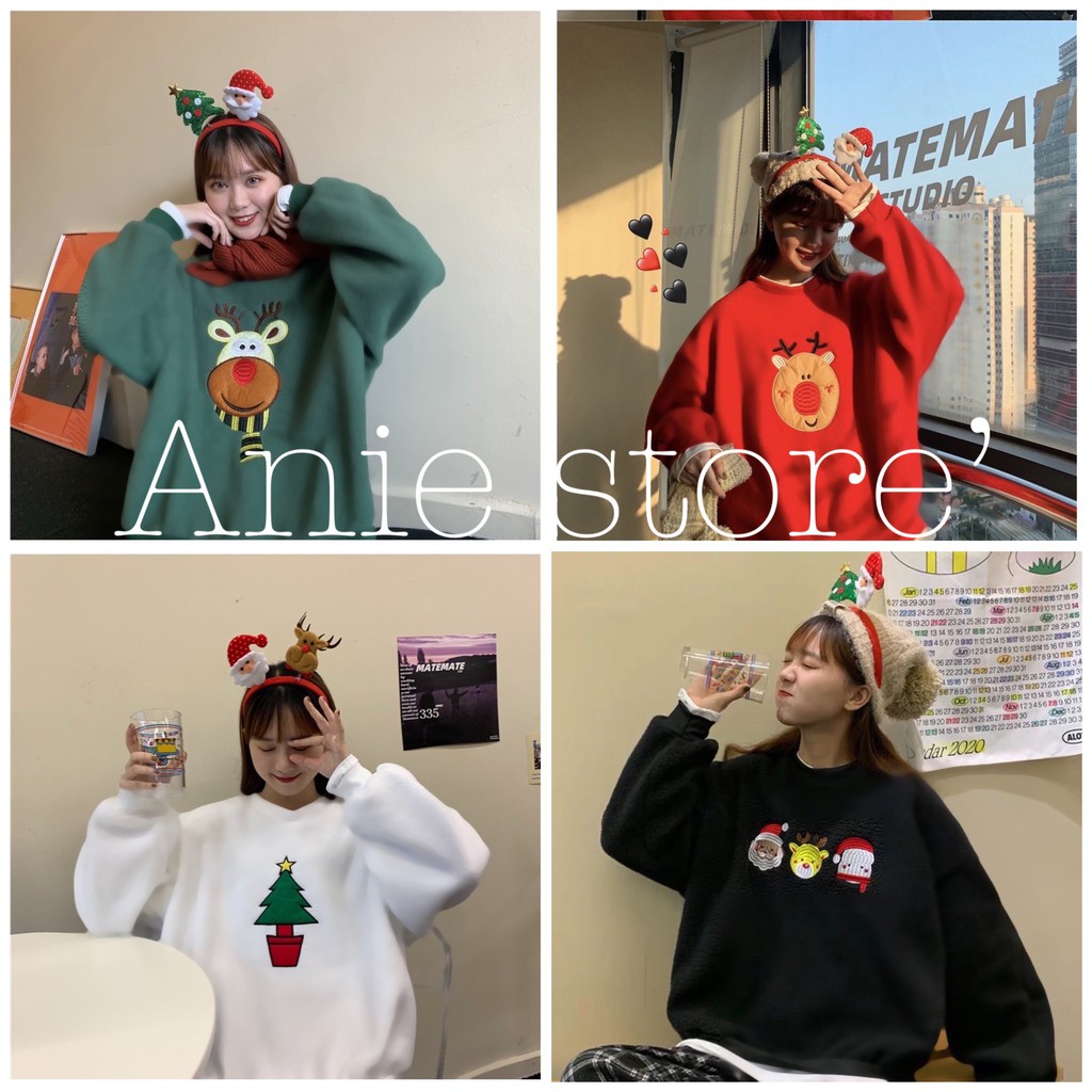 Áo Nỉ Noel Thêu Hình Lớn 🦋 Áo Thun Sweater Christmas Họa Tiết Dáng Rộng 4 Màu 🦋