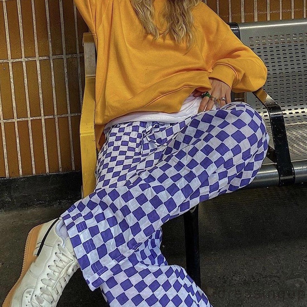 Quần Dài Ống Đứng Lưng Cao In Họa Tiết Caro Thời Trang Cho Nữ