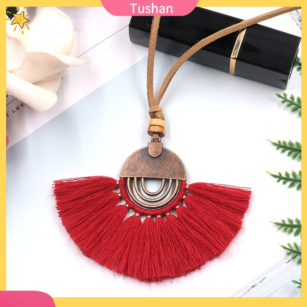 Vòng cổ mặt hình quạt phối tua rua chất liệu cotton thân thiện với da phong cách vintage