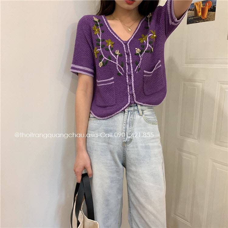 (Hàng Nhập) Áo Croptop Len Siêu Thông Thoáng Thêu Hoa &quot;Style Hàn Quốc&quot; OLOME1