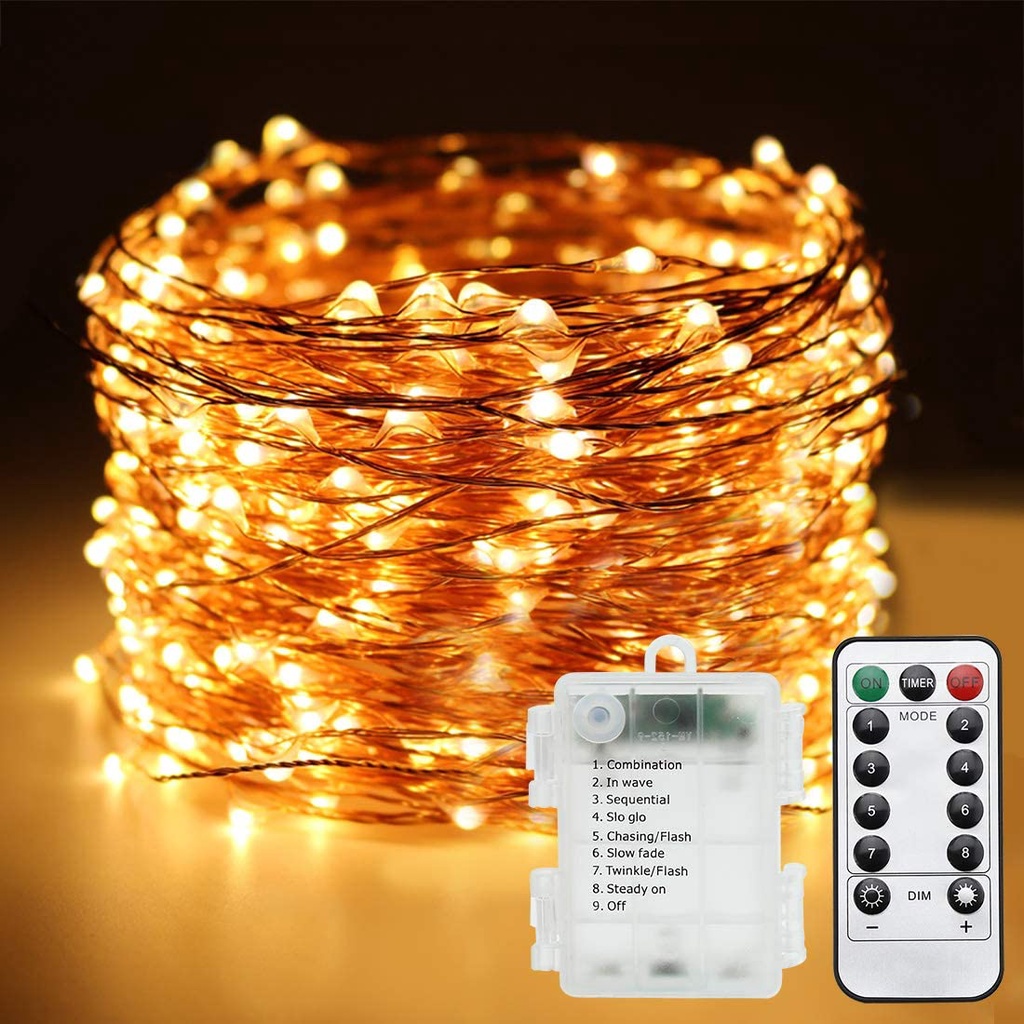 Fairy light 10m 100 LED, chạy bằng pin, có điều khiển từ xa 13 phím, 8 chế độ sáng, đèn dây đồng chống thấm, đèn phòng ngủ trong nhà