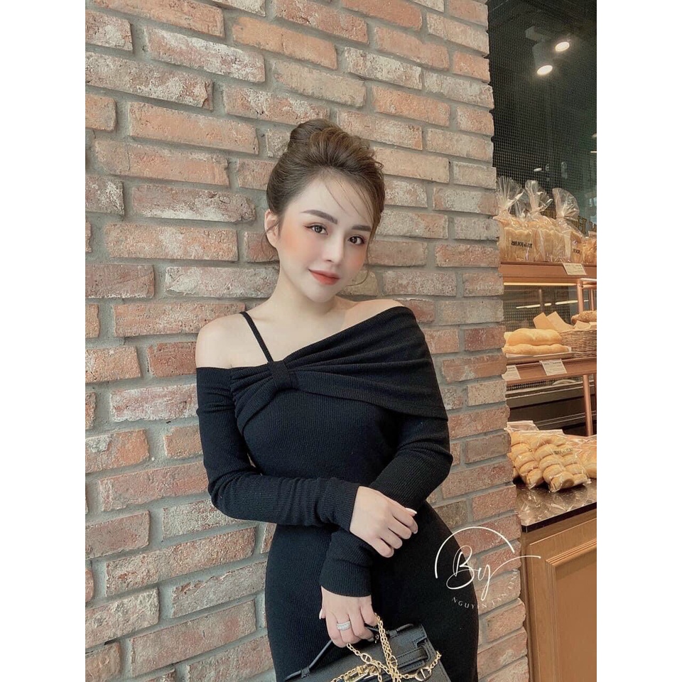 Váy len body vai nơ bánh bèo dài qua gối có xẻ sau