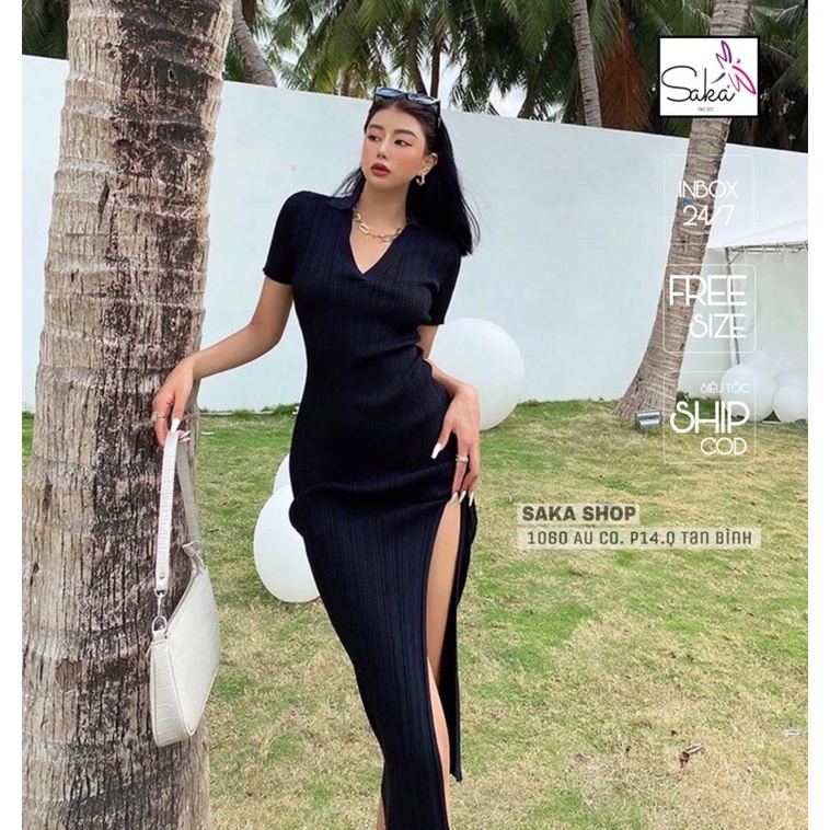 Đầm ôm body xẻ tà cổ sơ mi đầm ôm