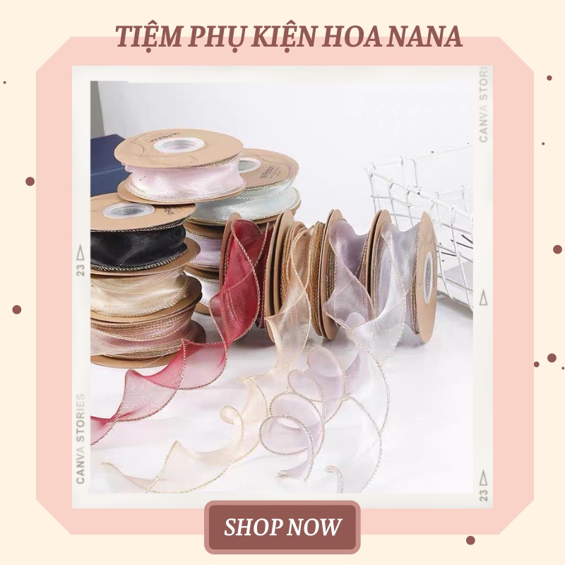 [Cuộn 9.1m] Dây Ruy Băng Voan Sóng ❤️VIỀN VÀNG KIM TUYẾN❤️ Bản 3cm, Trang Trí Quà Tặng - Bó Hoa - Làm Nơ