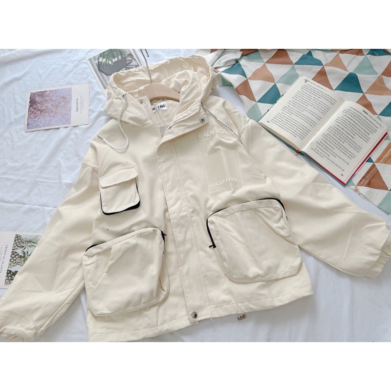 Áo Khoác Kaki Thô 2 Lớp Lót Dù Túi Hộp Unisex