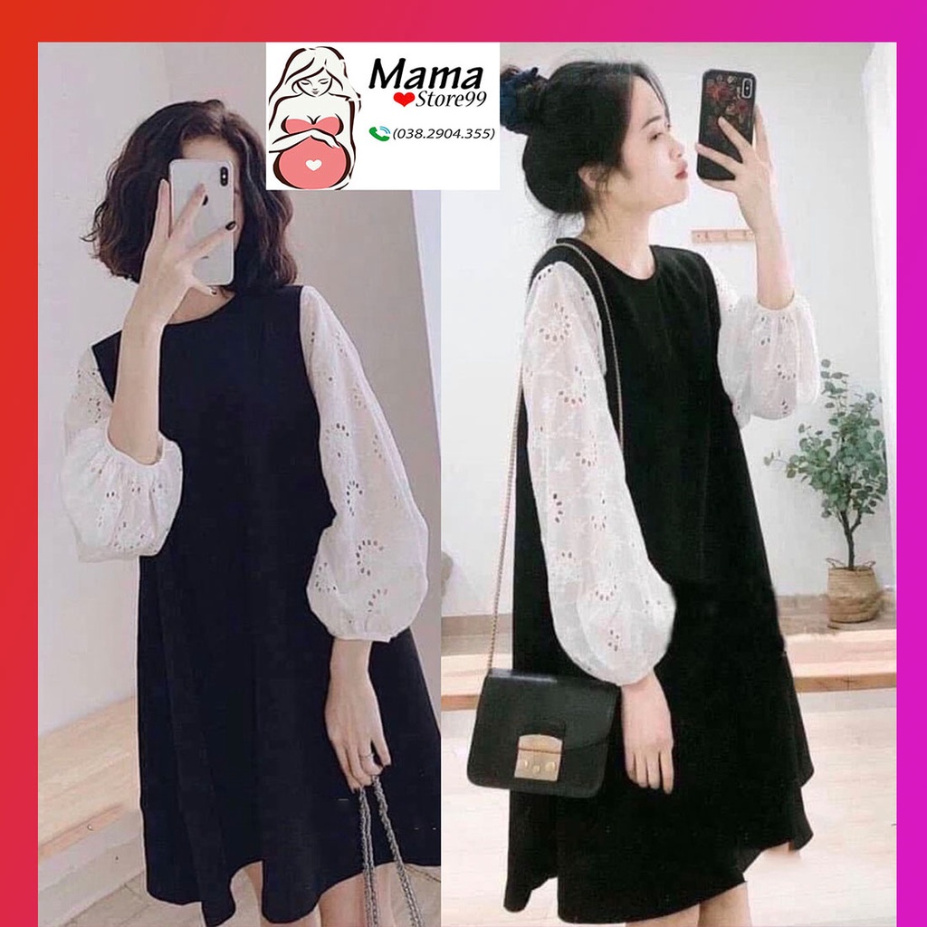 Váy Bầu Thu Đông Màu Đen Phối Tay Trắng Bozip Xinh Xắn,Dễ Thương,Đầm Thiết Kế Công Sở,Đi Chơi Dạo Phố V0079 Mama Store99