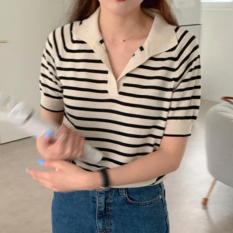 SUXI Áo tay ngắn họa tiết kẻ sọc phong cách Hàn Quốc trẻ trung cho nữ