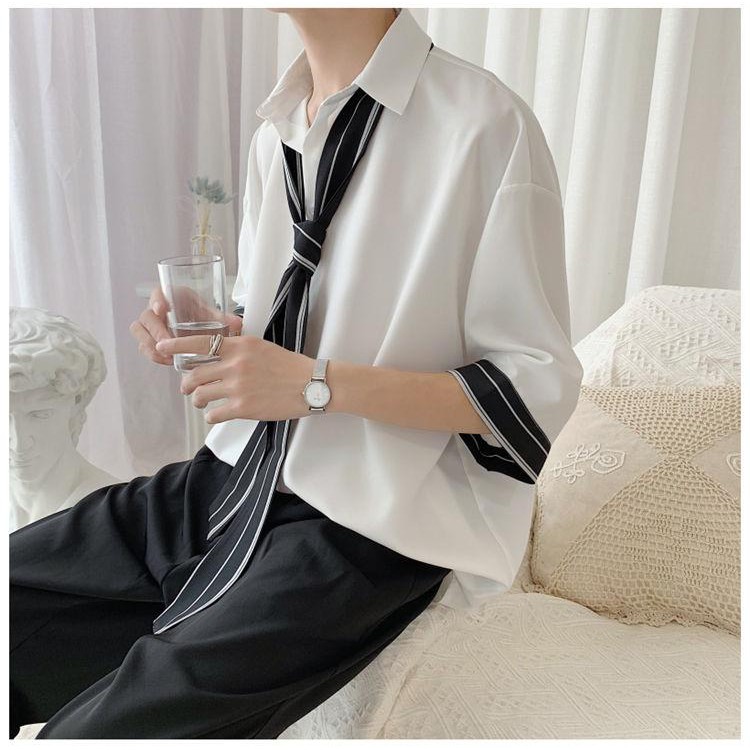 Sơ mi nam trắng bigsize tay lỡ form rộng cà vạt necktie | BigBuy360 - bigbuy360.vn