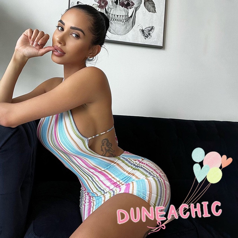 DUNEA Đầm dây dáng ngắn kẻ sọc thời trang quyến rũ