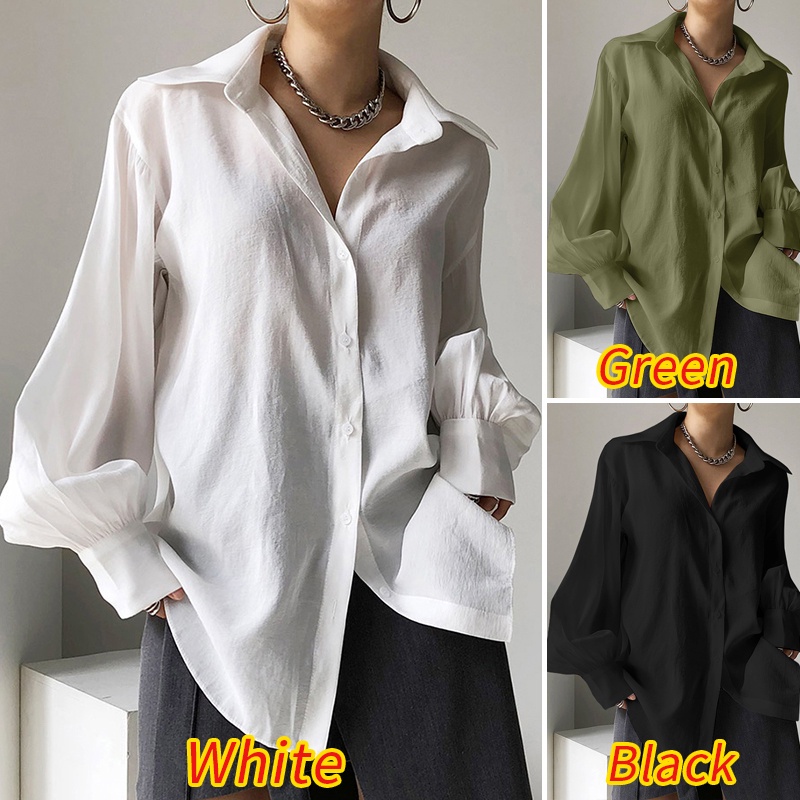 Áo sơ mi ZANZEA tay phồng dài cổ tay áo gài nút màu trơn vintage cho nữ