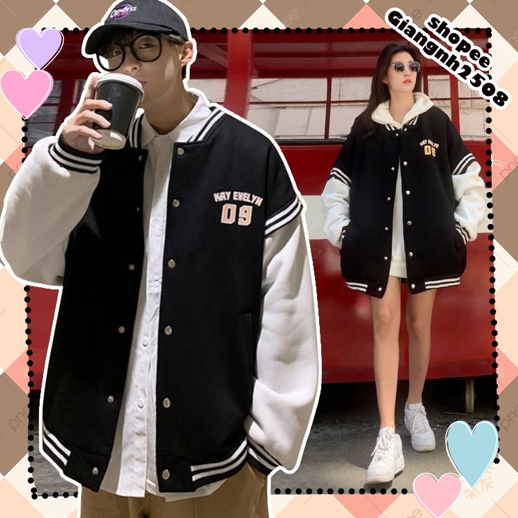 AK009 Áo khoác thu đông đen tay trắng 9 cúc dáng rộng unisex cute, áo bomber bóng chày nỉ nam nữ cỡ to Ulzzang xinh xắn