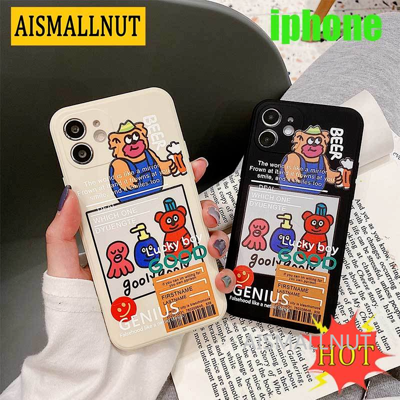 iPhone Case Casing Funny cartoon bear Straight edge Liquid Silica iPhone6 6s 7 8 Plus X XS XR XSMAX 11 12 Anti-fall Lens Protection Soft Case Cover AISMALLNUT