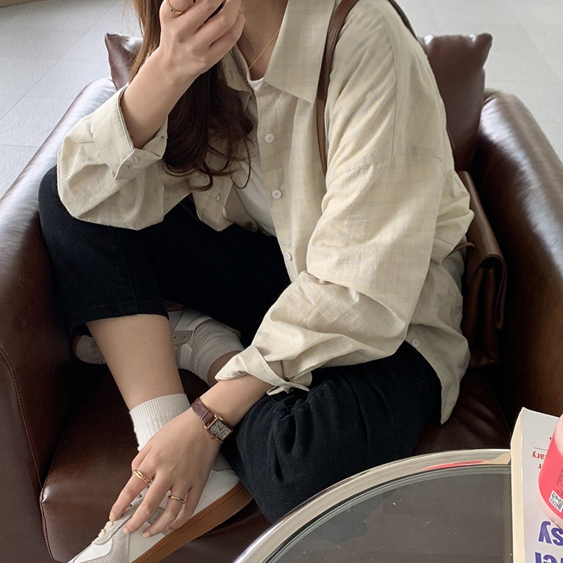 Áo sơ mi nữ dài tay kẻ sọc caro Cổ trụ Form rộng Ulzzang Hàn Quốc Áo sơ mi tay dài nữ Thời trang Cao cấp