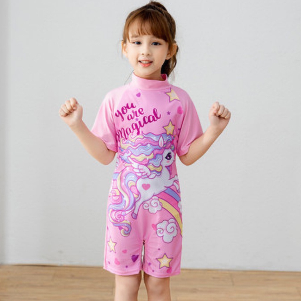 Bộ đồ bơi liền thân tay ngắn dáng ôm in họa tiết hoạt hình dễ thương thời trang mùa hè cho bé gái