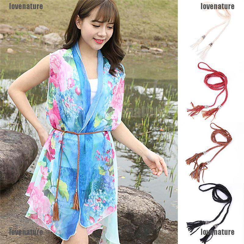 Thắt lưng dây bện màu trơn trang trí tua rua mỏng thời trang cho nữ