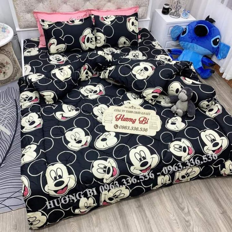 Trọn bộ 5 món ga gối chăn phao poly cotton có ruột bông dày loại 1 ( ghi đen ) | BigBuy360 - bigbuy360.vn