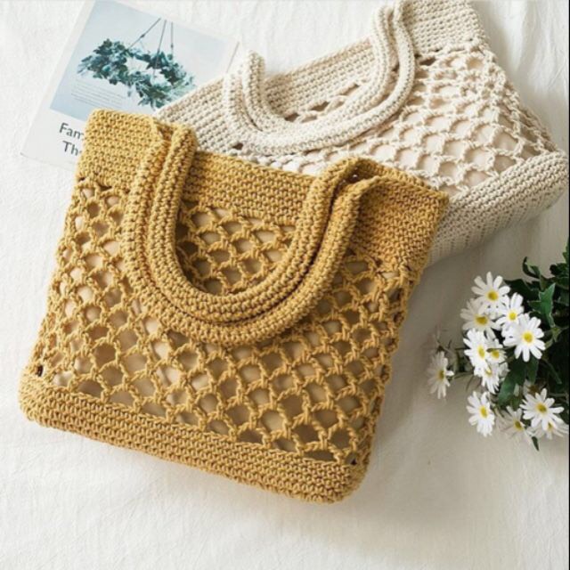 Túi Macrame Tote đeo vai - hoa văn lưới mắt cáo