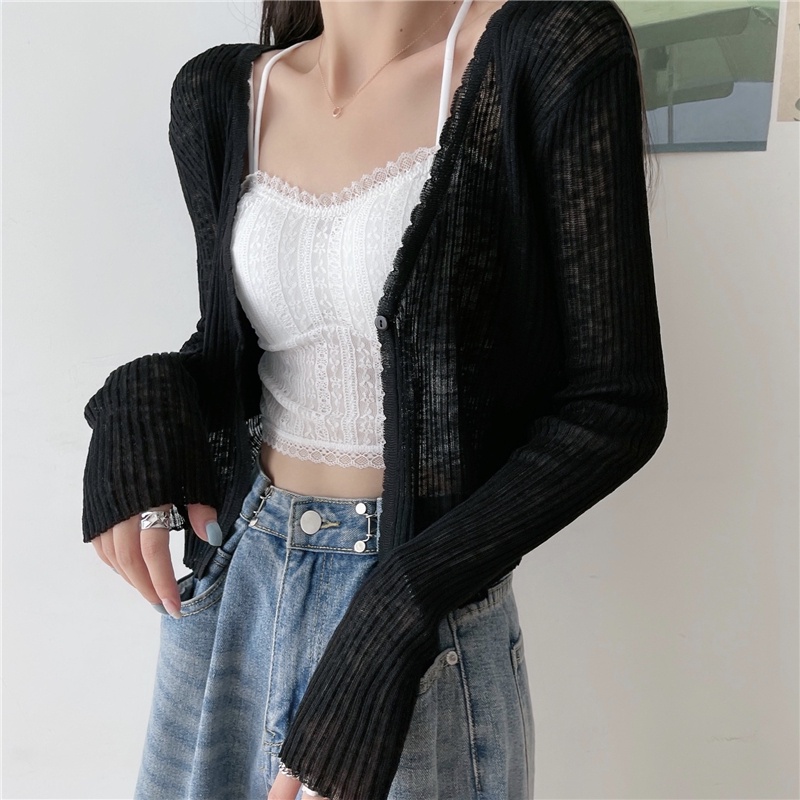 Áo len mỏng kiểu nữ cardigan Hàn Quốc Áo cardigan nữ dài tay khoác ngoài form rộng cổ V Thời trang