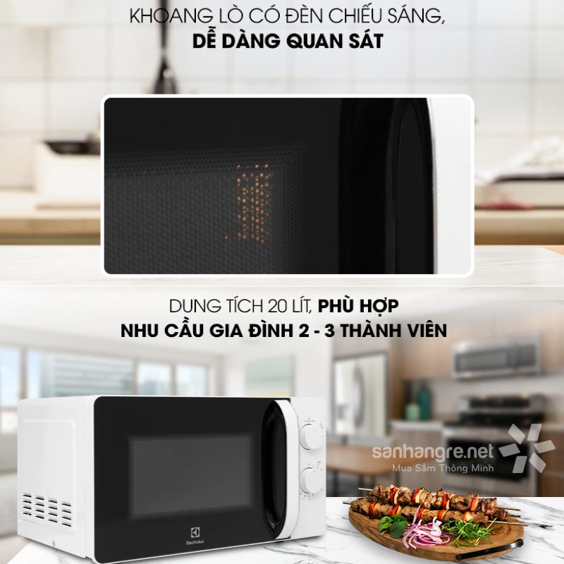 Lò vi sóng Electrolux dung tích 20 lít EMM20K18GW công suất 800W - Bảo hành 24 tháng