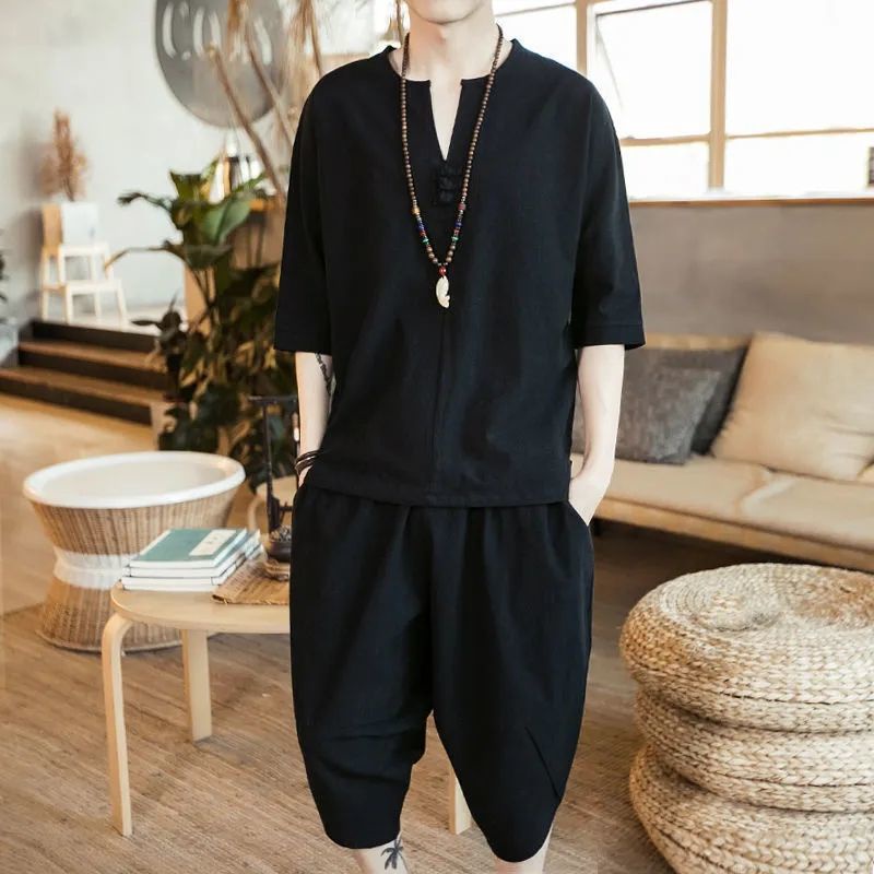 Bộ Đồ Hán Phục Tay Ngắn Bằng Vải Lanh Cotton Thời Trang Mùa Hè Cho Nam