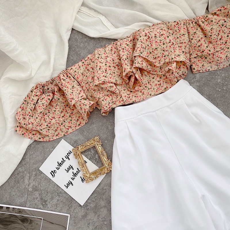 Set trang phục áo croptop hoa bèo ngực rớt vai + quần dài trắng ống suông (kèm ảnh thật) (SM)